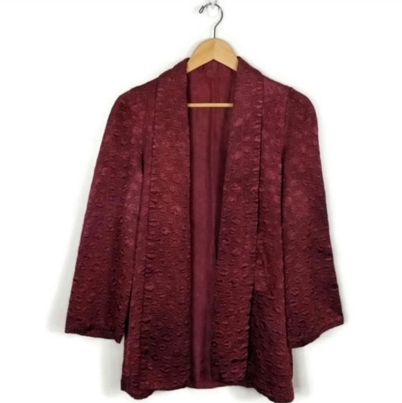 Vintage Brick Red Textured Open Front Satin Smoking Jacket Kimono Medium - Picture 1 of 9